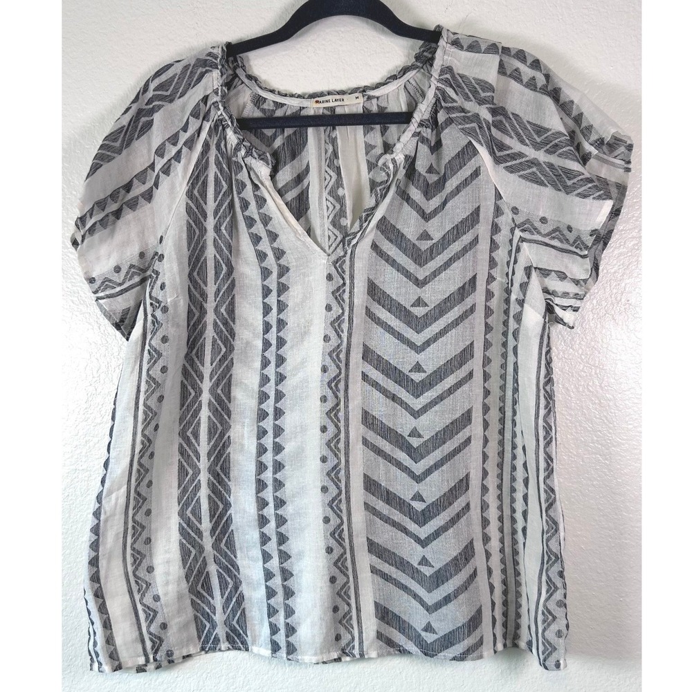 Marine Layer Geometric Boho Tribal Print Tencel Linen Blouse Grey White SZ M